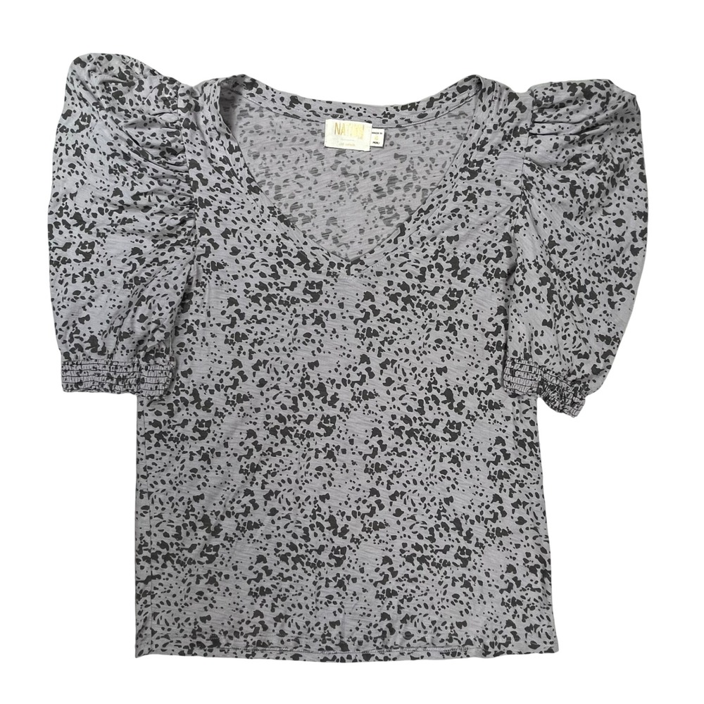 Nation LTD Celine Top Women Small Grey Black Abstract Print Puff Sleeve Cotton